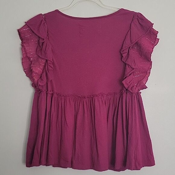 By Anthropolgie Caroline Raspberry Babydoll Blouse Ruffled Flounce sleev… - Picture 7 of 14